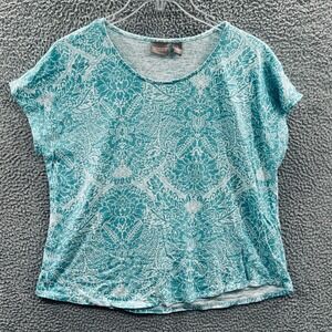 Chicos Womens Baroque Floral Top Large Aqua Teal Artsy Minimal Soft Classic